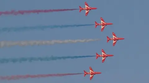 Red Arrows performing over Douglas Bay