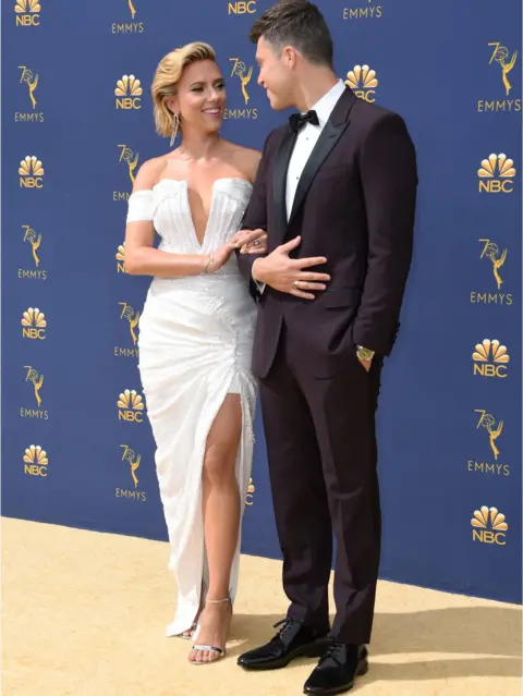 Getty Images Scarlett Johansson with partner and Saturday Night Live star Colin Jost