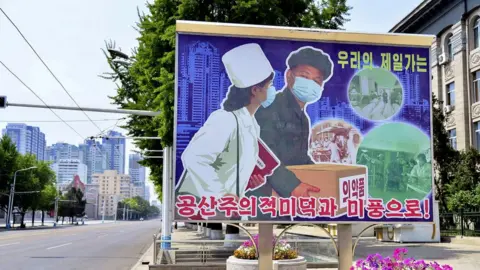 Reuters A sign depicting a scene of medical products transportation is displayed in Pyongyang
