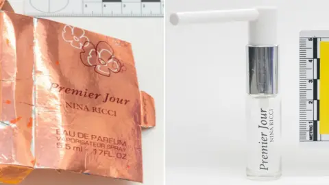 AFP/Met Police  The perfume bottle recovered from Mr Rowley's home and the box it came in