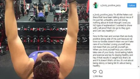 Instagram/ @a_body_positive_jazzy Jazzy lifting weights in gym