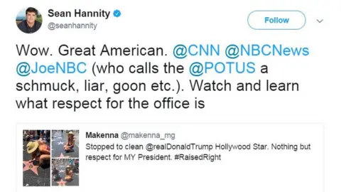 Twitter /@seanhannity Wow. Great American. @CNN @NBCNews @JoeNBC (who calls the @POTUS a schmuck, liar, goon etc.). Watch and learn what respect for the office is