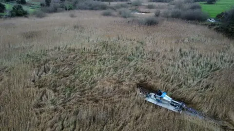 Ulster Wildlife Drone view of amphibious machinery at Lecale Fens