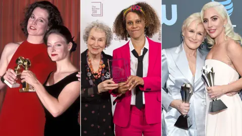 Getty Images Sigourney Weaver with Jodie Foster, Margaret Atwood with Bernardine Evaristo and Glenn Close with Lady Gaga