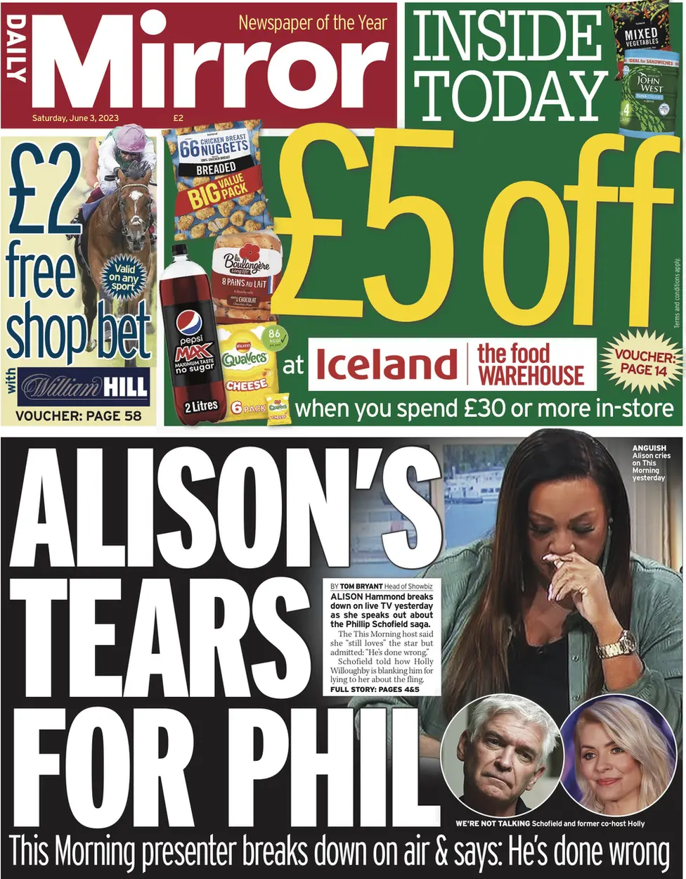 The front page of Saturday's Mirror