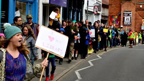 Debbie Burrows Library closure protest in Manningtree