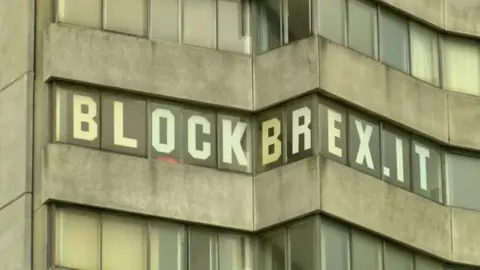 BBC The Block Brexit sign in the window of Arlington House in Margate