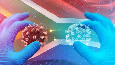 Getty Images Concept graphic showing gloved hands holding 3D illustration of the Covid-19 molecular with the South African flag in the background