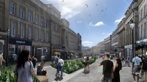 Newcastle City Council Artist's impression of a pedestrianised Grey Street