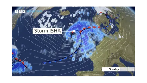 A graphic showing an area of low pressure bringing strong winds and rain to the UK which has been named as Storm Isha