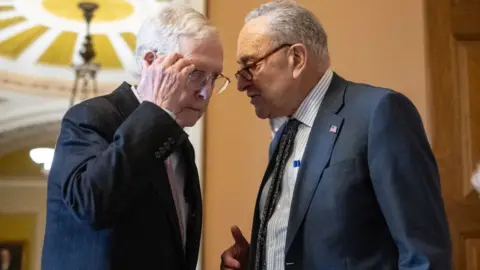 Getty Images Republican Mitch McConnell (left) and Democrat Chuck Schumer seen in Congress on Tuesday