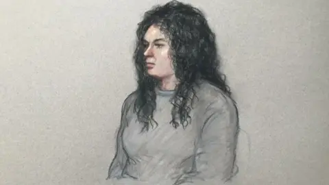 Julia Quenzler Artist's impression of Chelsea Mitchell at Staines Magistrates' Court
