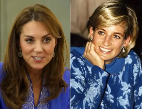 PA Media File photo dated 15/10/19 of the Duchess of Cambridge wearing a periwinkle blue traditional kurta by local designer Maheen Khan, during a visit to a school in central Islamabad on day two of the royal visit to Pakistan, and file photo dated 23/05/97 of Diana, Princess of Wales, pictured in a royal blue shalwar kameez, during her visit to Lahore, Pakistan.