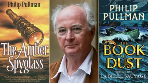 Scholastic/AFP/Chris Wormell Philip Pullman between the book jackets for The Amber Skyglass and La Belle Sauvage