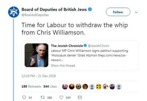 Twitter Board of Deputies of British Jews tweet