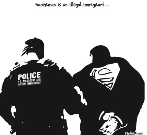 Khalid Albaih A cartoon showing Superman being arrested by immigration officials in the US