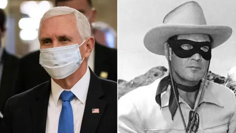 Getty Images/Shutterstock US Vice-President Mike Pence in a coronavirus face mask and the Lone Ranger in an eye mask