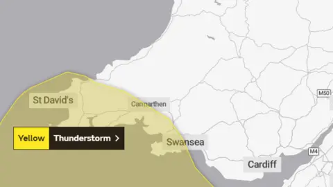 Met Office The Met Office has issued an yellow weather warning for southwest Wales on Wednesday morning