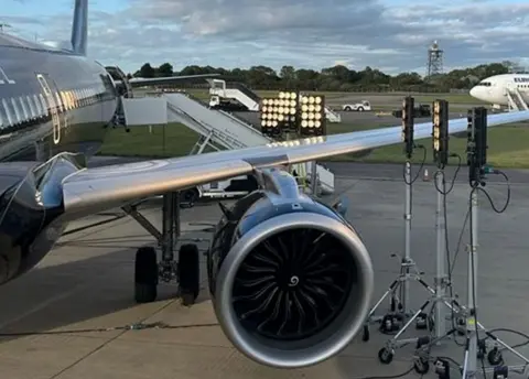 Air Accidents Investigation Branch Halogen film lighting next to an Airbus wing at Stansted Airport