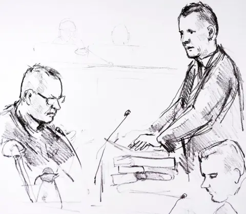 ANNE GYRITE SCHUETT/AFP Court drawing by Anne Gyrite Schuett made available by Danish news agency Ritzau Scanpix on 8 March 2018 shows accused Peter Madsen on the first day of the trial
