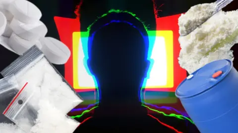 Illustration of a hacker surrounded by pills, suspicious-looking powders, and a blue barrel