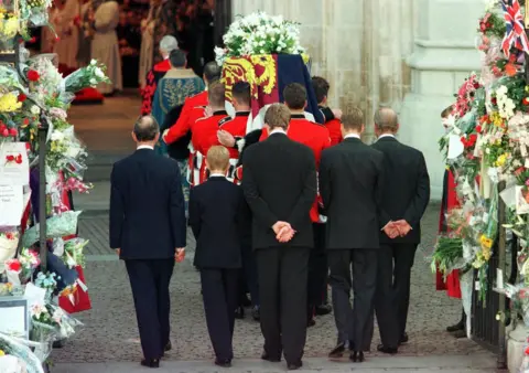 JEFF J MITCHELL/ Getty Images Prince Charles, Prince Harry, Earl Spencer, Prince William and the Duke of Edinburgh follow the coffin of Diana, Princess of Wales, as it is being carried into Westminster Abbey for a funeral service 06 September.