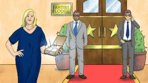 Sarah Dousse Janine, stood outside at actresses home having handed over her nipples