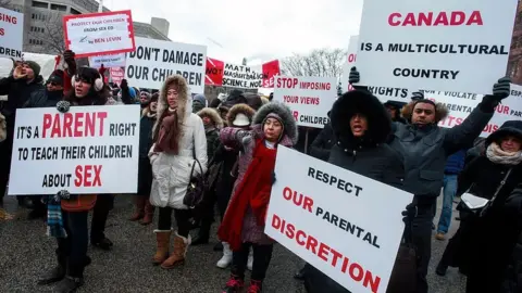 Getty Images Parents protesting Ontario's 2015 sex ed curriculum