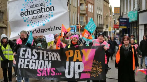 Getty Images Members from education union NEU on strike in 2023