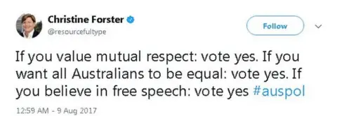 @resourcefultype Tweet reads: If you value mutual respect: vote yes. If you want all Australians to be equal: vote yes. If you believe in free speech: vote yes #auspol