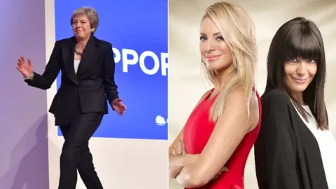 Getty BBC Theresa May and Tess Daly and Claudio Winkleman