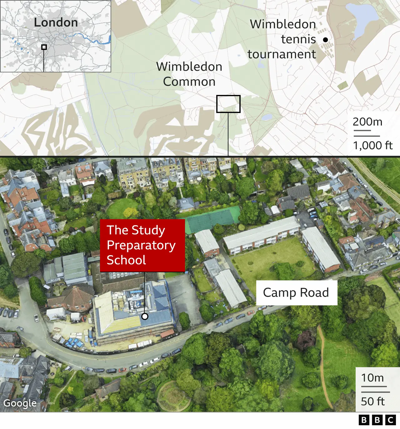 Map and satellite image showing the location of the school