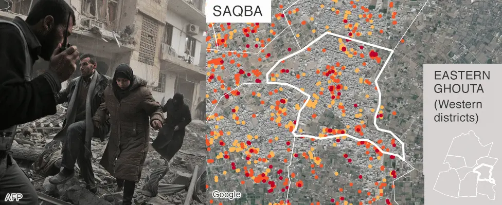 BBC Map showing damage in Saqba, Eastern Ghouta