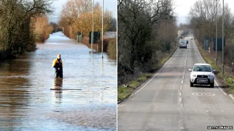 Getty Images Two photos comparing the A361 road between East Lyng and Burrowbridge in Somerset during and after the flooding in 2014