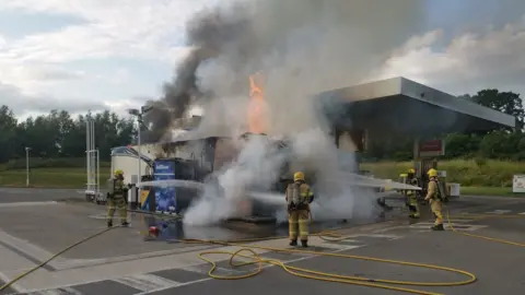 Shropshire Fire and Rescue Service LGV on fire at Nesscliffe Service Station