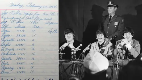 PA/Getty Images NYPD log book and The Beatles in February 1964