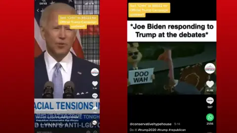 TikTok Screenshots from TikTok videos directing users to text the Trump campaign