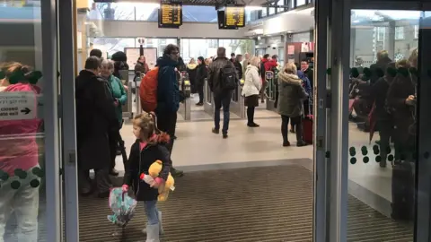 Passengers at Bridgend station