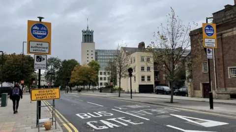 BBC Bus lane camera signs on John Dobson Street in Newcastle