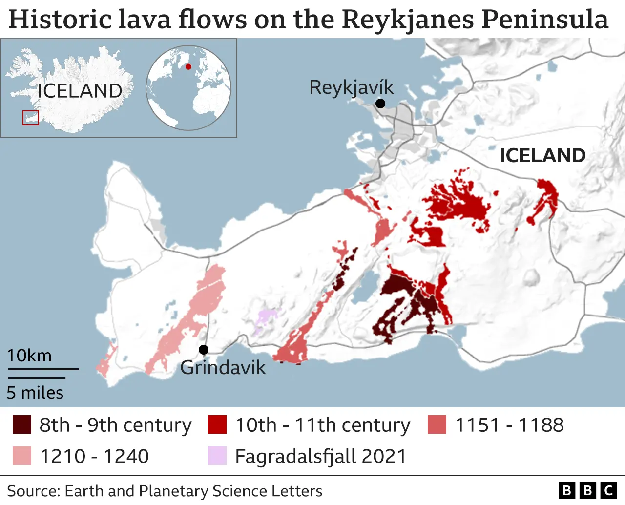 BBC drawing titled "Historic lava flows on the Reykjanes Peninsula"Which shows the number of flows here dating back to the 8th century