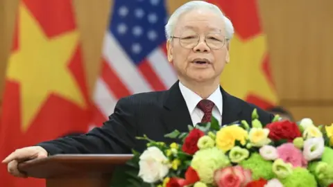 Getty Images Vietnam's Communist Party General Secretary Nguyen Phu Trong speaks to the media after a meeting with US President Joe Biden at the Communist Party of Vietnam Headquarters in Hanoi on September 10, 2023.