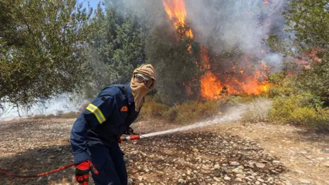 A firefighter tries to extinguish a wildfire burning on the island of Rhodes