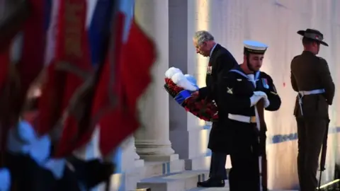 PA Prince Charles lays a wreath at an Anzac dawn service in Villers-Bretonneux