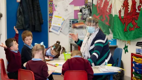 Getty Images A teacher wearing a face mask and visor while teaching pupils