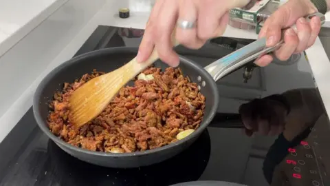 BBC vegan mince being fried