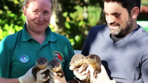 PAradise Park Keeper Becky Waite with vet Paul Hall and the four pups