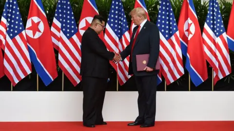 Reuters Kim Jong-un and Donald Trump shaking hands