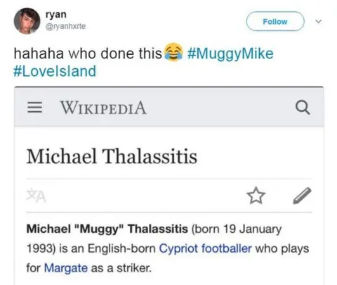 @ryanhxtre/Twitter Tweet which reads: Haha who done this next to a wikipedia entry for Michael Thalassitis