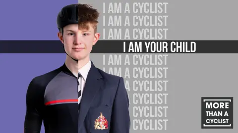More than a Cyclist Jeremy, a school pupil, pictured in uniform and cycling gear for the campaign