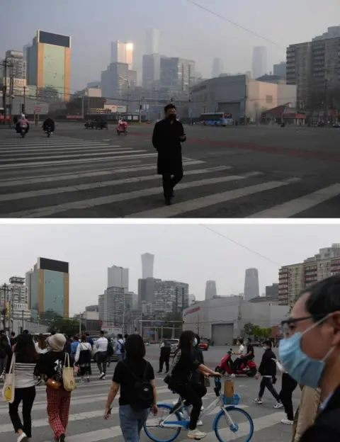 Getty Images A man crosses a normally busy intersection in Beijing on 11 February, 2020 (top) and people on the same street on 13 May